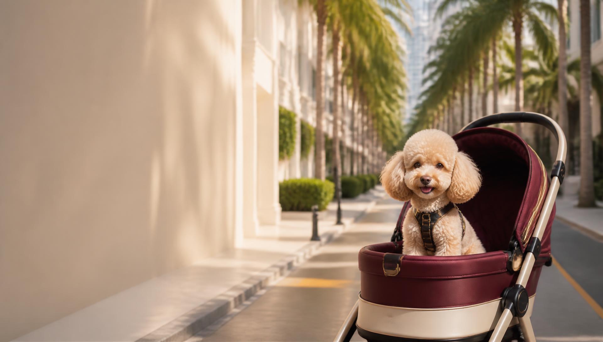A poodle riding in a burgundy pet stroller on a palm-lined tropical street