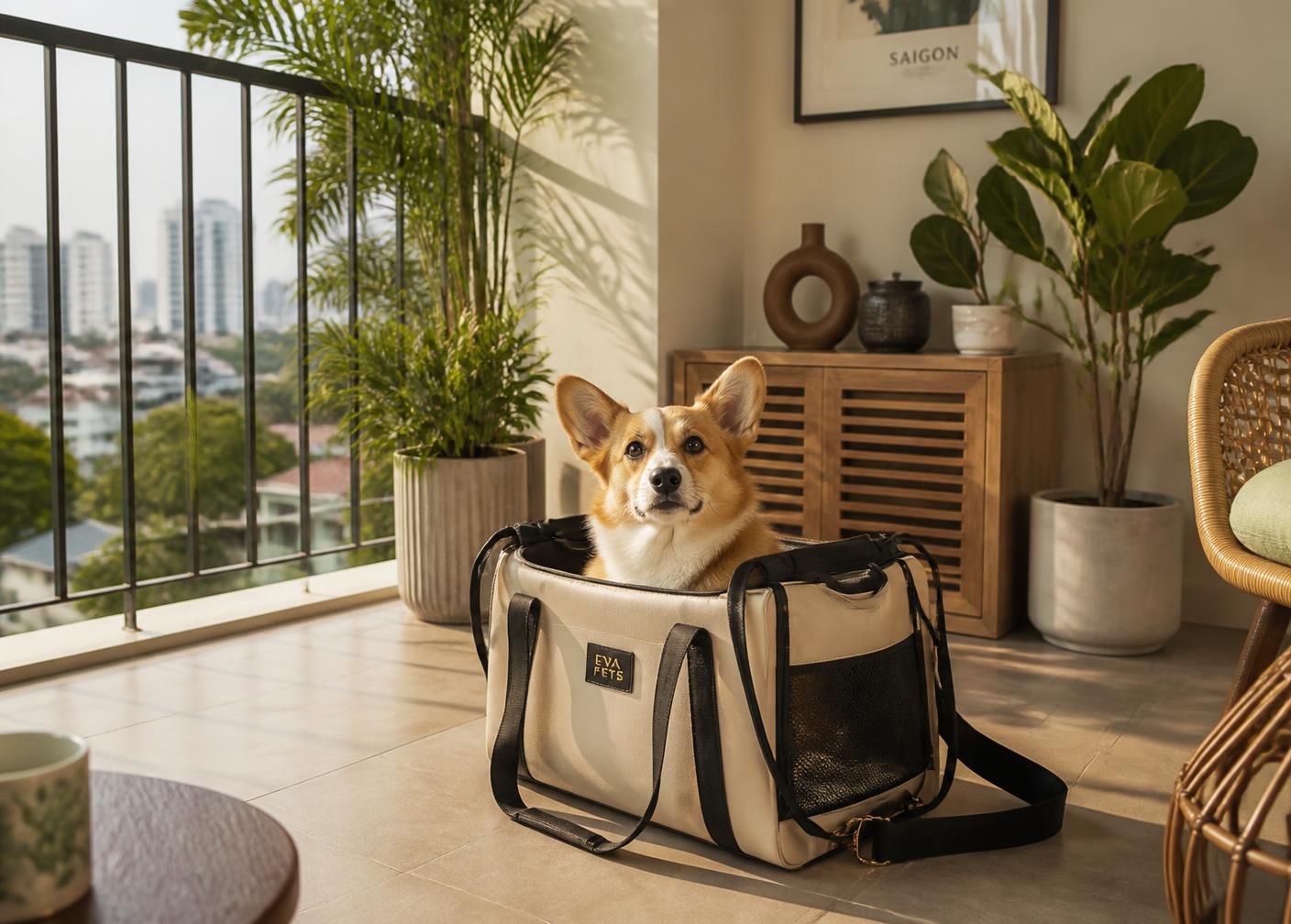 A corgi resting in a premium carrier on a sunlit city street